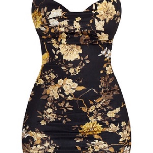 PrettyLitteThing Black Velvet Floral Cowl Neck Bodycon Dress Size 4 - Picture 6 of 10